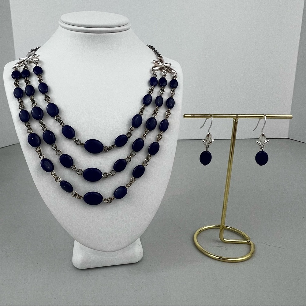Avon Silver Tone and Multi Row Blue Bead Necklace and Earring Set